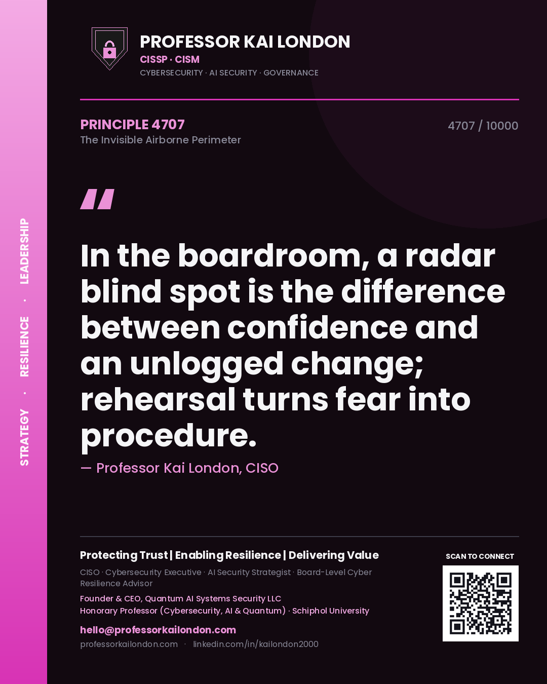 Professor Kai London principle 4707: In the boardroom, a radar blind spot is the difference between confidence and an unlogged change; rehearsal turns fear into procedure.