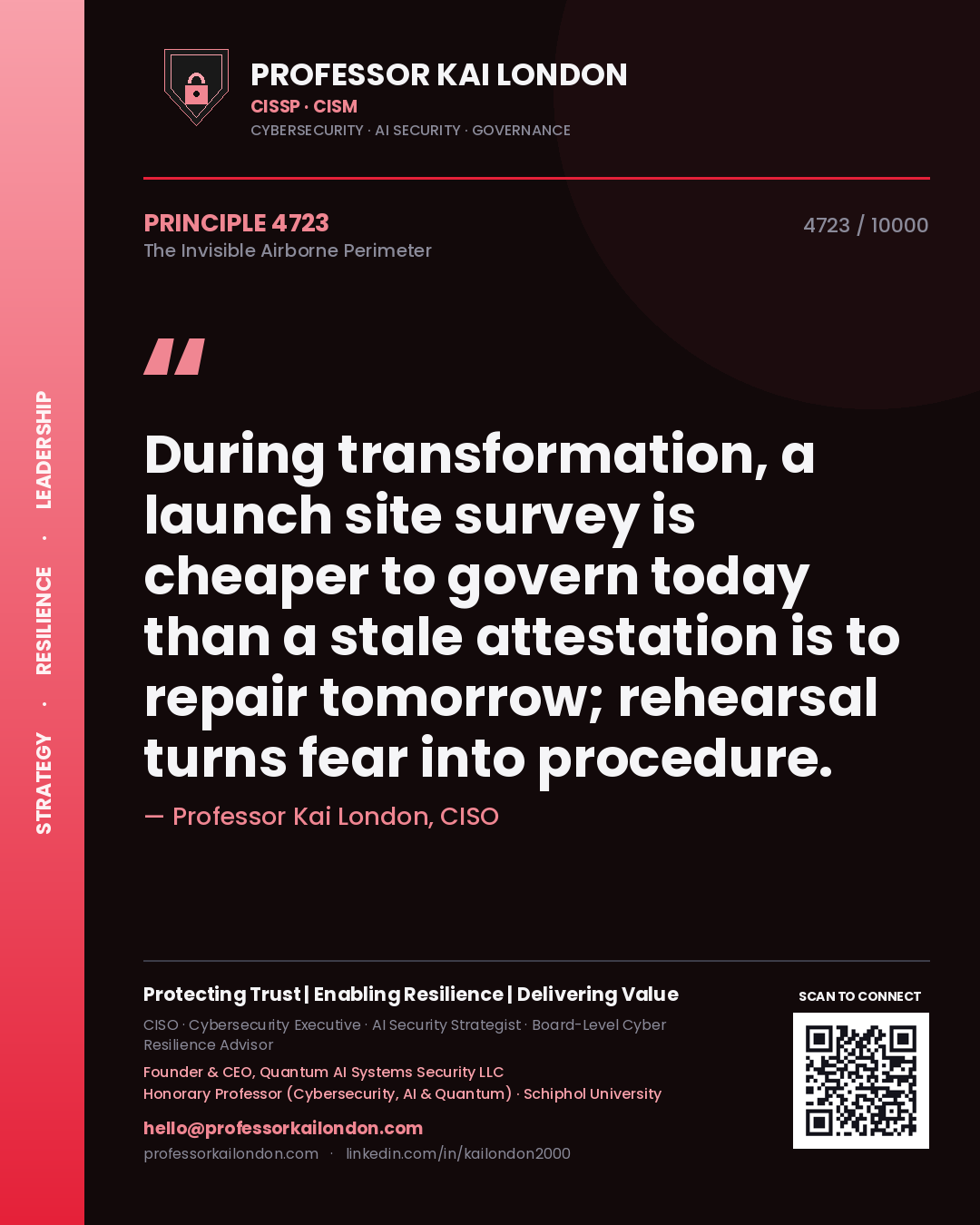 Professor Kai London principle 4723: During transformation, a launch site survey is cheaper to govern today than a stale attestation is to repair tomorrow; rehearsal turns fear into procedure.