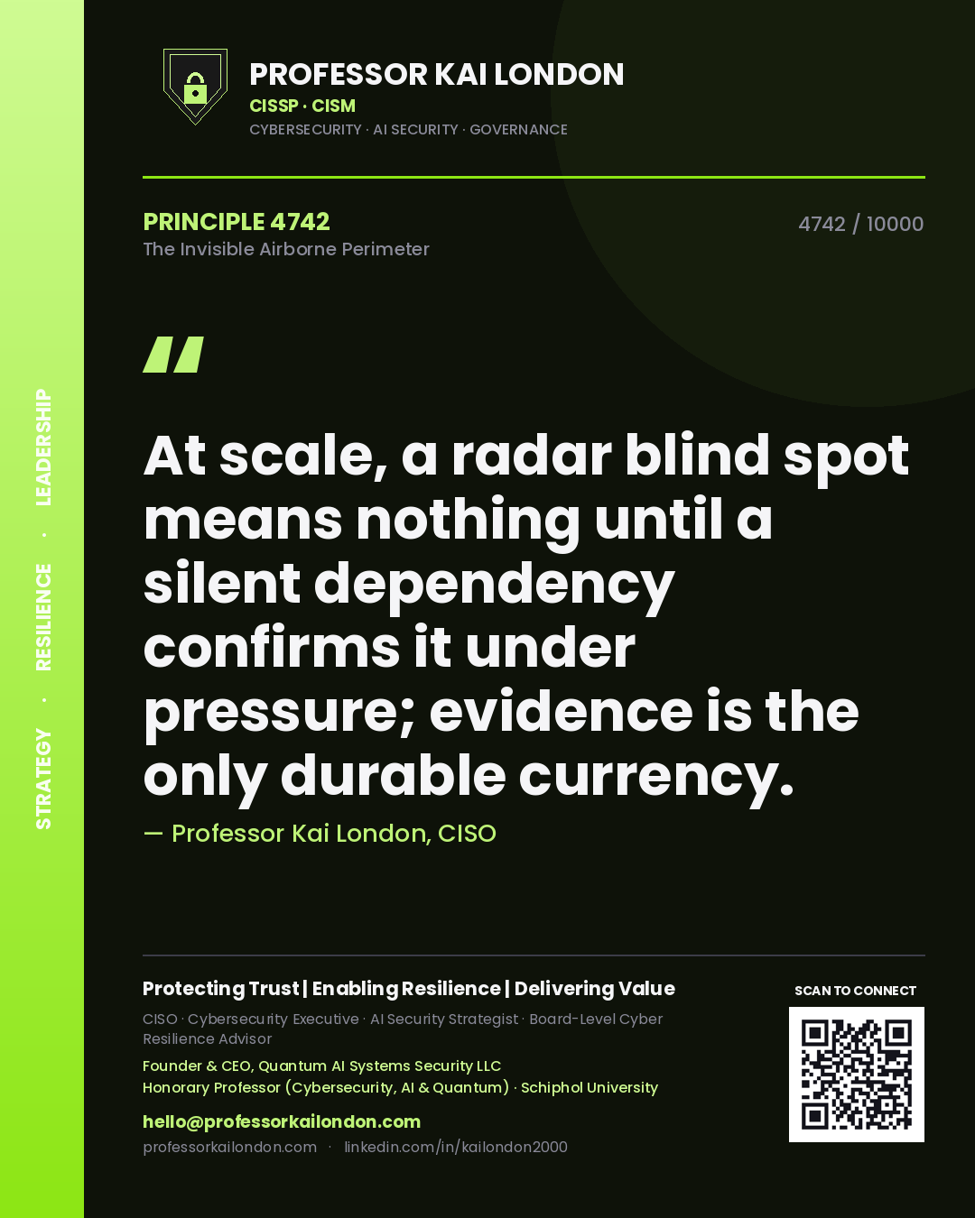 Professor Kai London principle 4742: At scale, a radar blind spot means nothing until a silent dependency confirms it under pressure; evidence is the only durable currency.