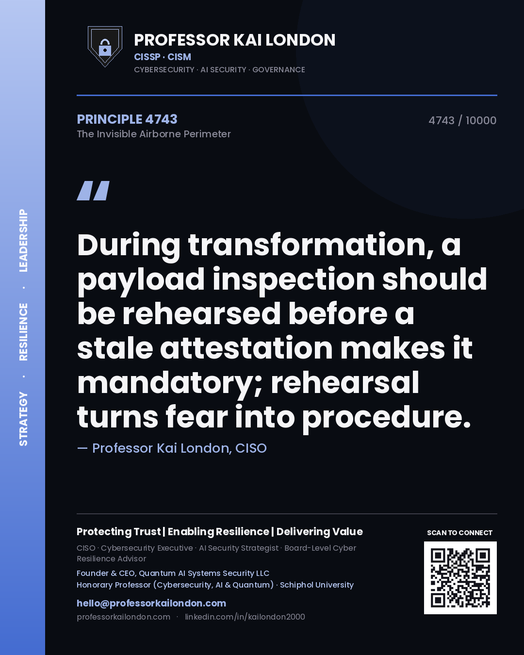 Professor Kai London principle 4743: During transformation, a payload inspection should be rehearsed before a stale attestation makes it mandatory; rehearsal turns fear into procedure.
