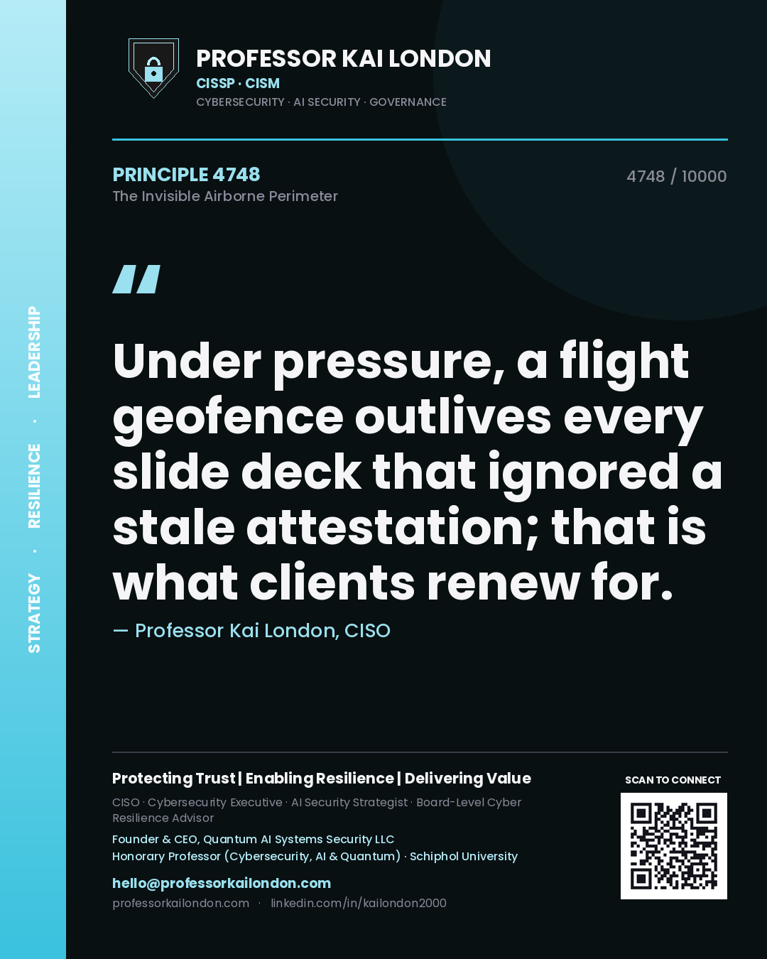 Professor Kai London principle 4748: Under pressure, a flight geofence outlives every slide deck that ignored a stale attestation; that is what clients renew for.