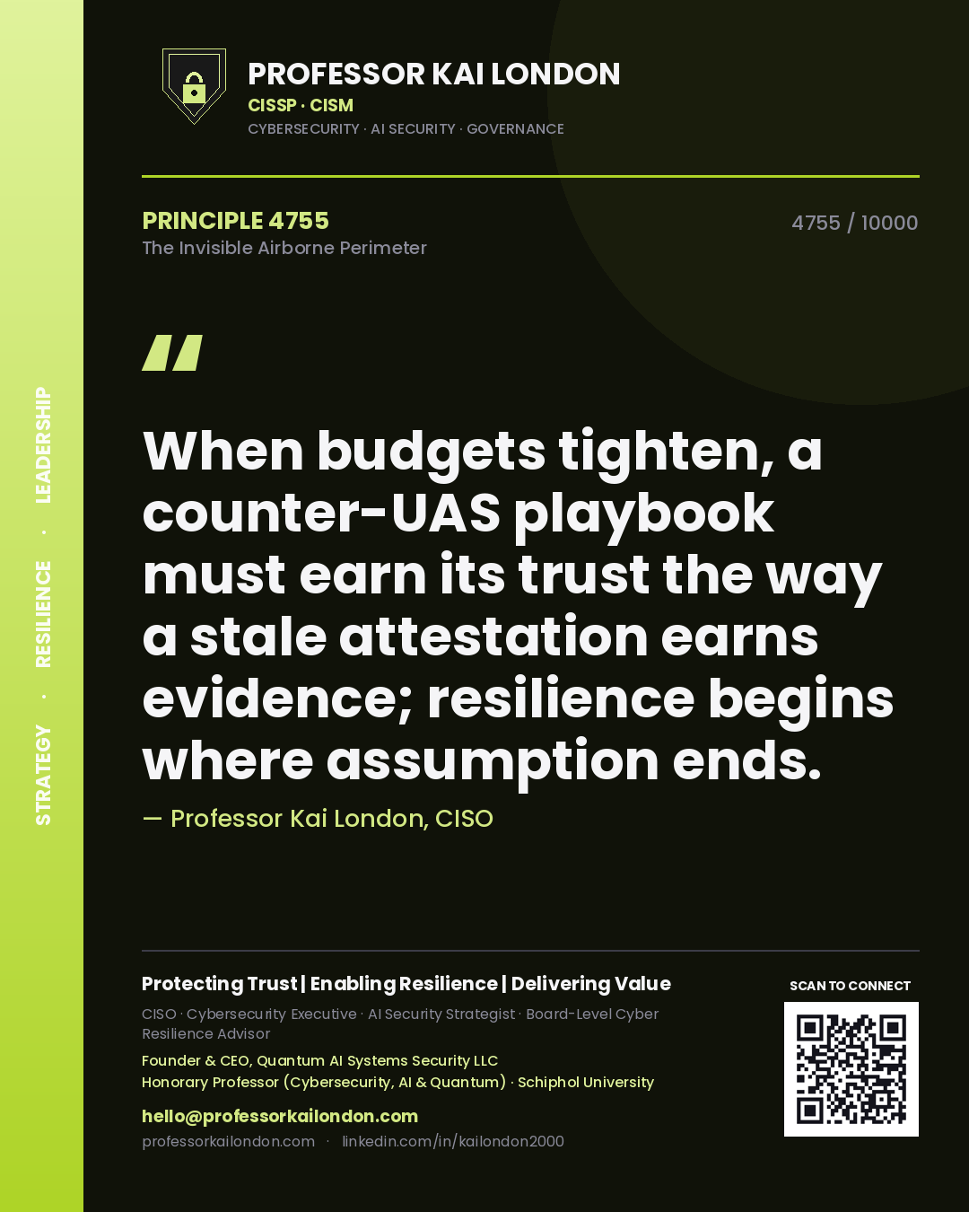 Professor Kai London principle 4755: When budgets tighten, a counter-UAS playbook must earn its trust the way a stale attestation earns evidence; resilience begins where assumption ends.