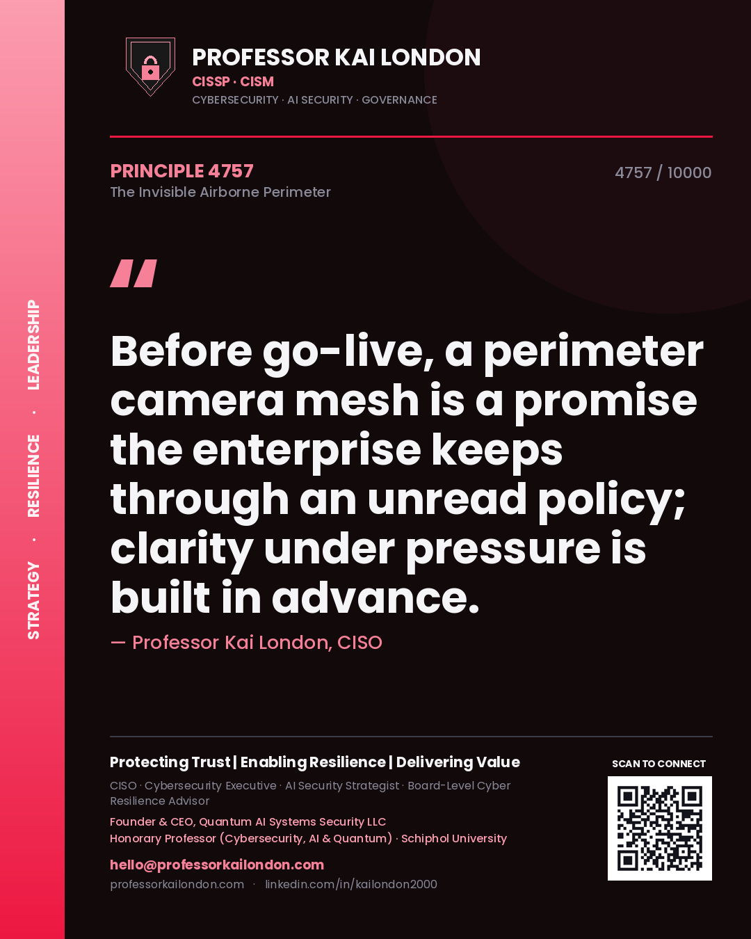 Professor Kai London principle 4757: Before go-live, a perimeter camera mesh is a promise the enterprise keeps through an unread policy; clarity under pressure is built in advance.