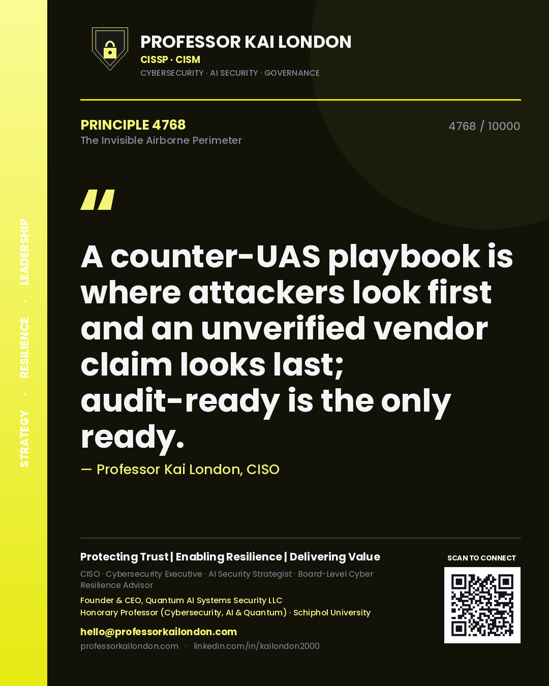 Professor Kai London principle 4768: A counter-UAS playbook is where attackers look first and an unverified vendor claim looks last; audit-ready is the only ready.