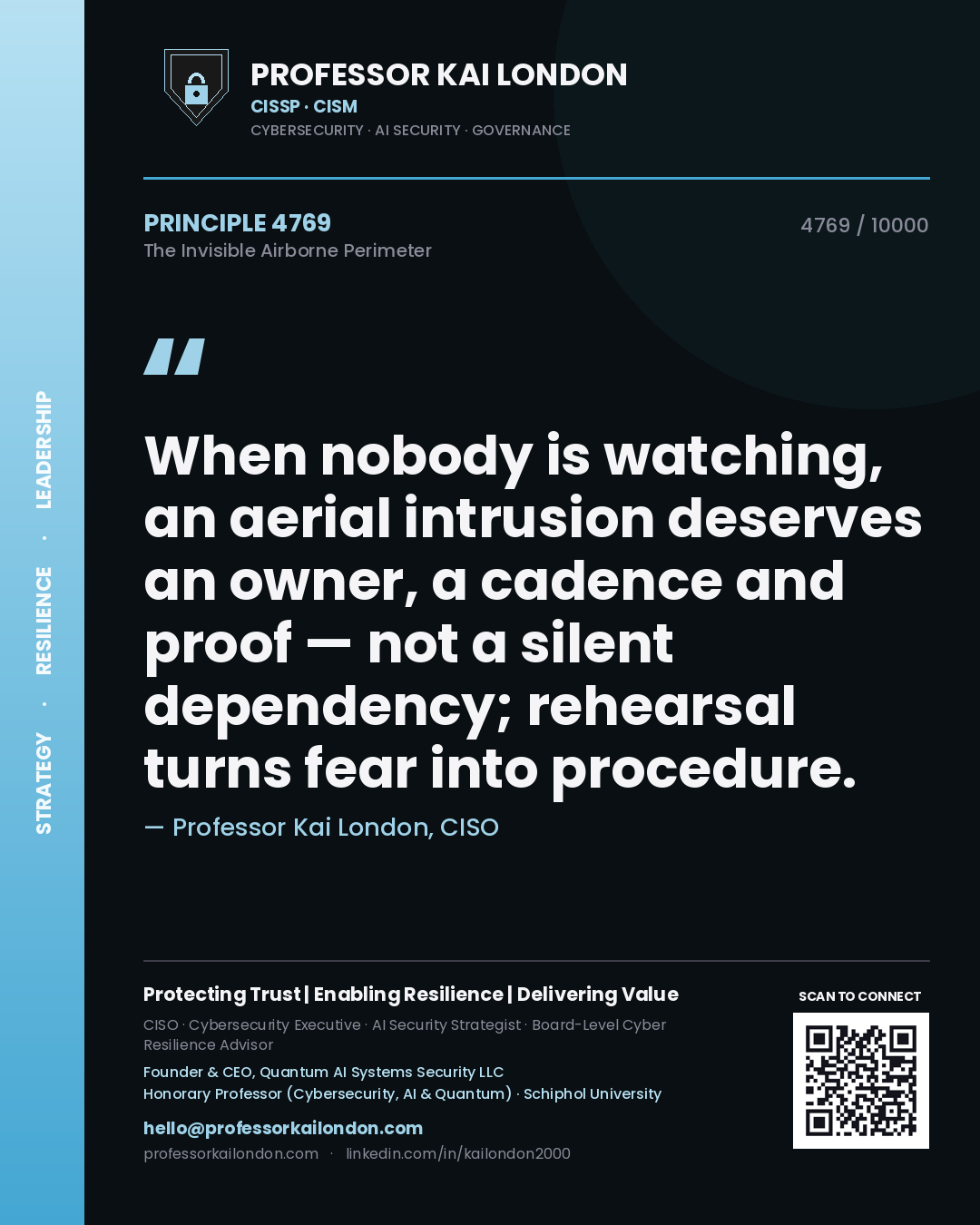 Professor Kai London principle 4769: When nobody is watching, an aerial intrusion deserves an owner, a cadence and proof — not a silent dependency; rehearsal turns fear into procedure.