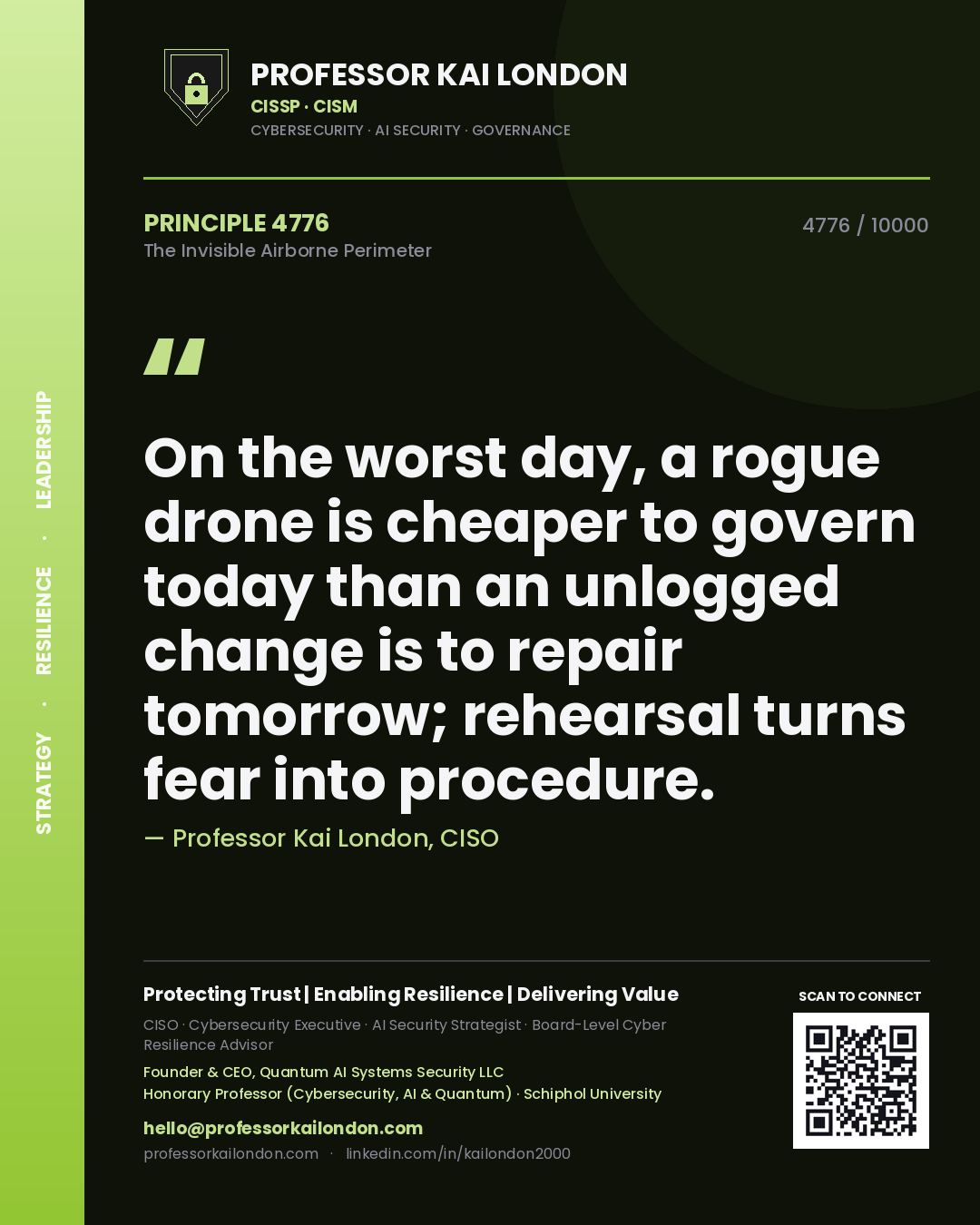 Professor Kai London principle 4776: On the worst day, a rogue drone is cheaper to govern today than an unlogged change is to repair tomorrow; rehearsal turns fear into procedure.