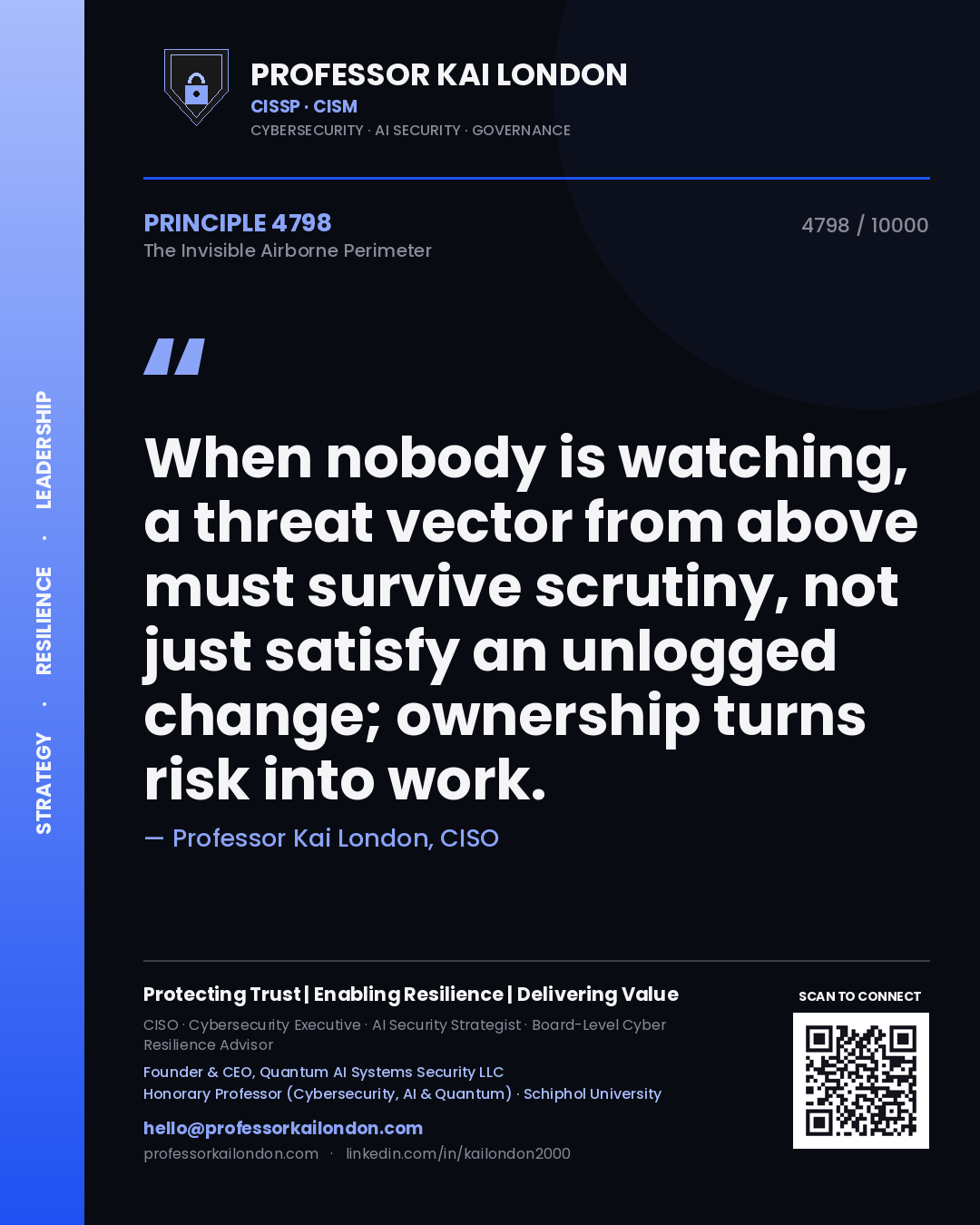 Professor Kai London principle 4798: When nobody is watching, a threat vector from above must survive scrutiny, not just satisfy an unlogged change; ownership turns risk into work.