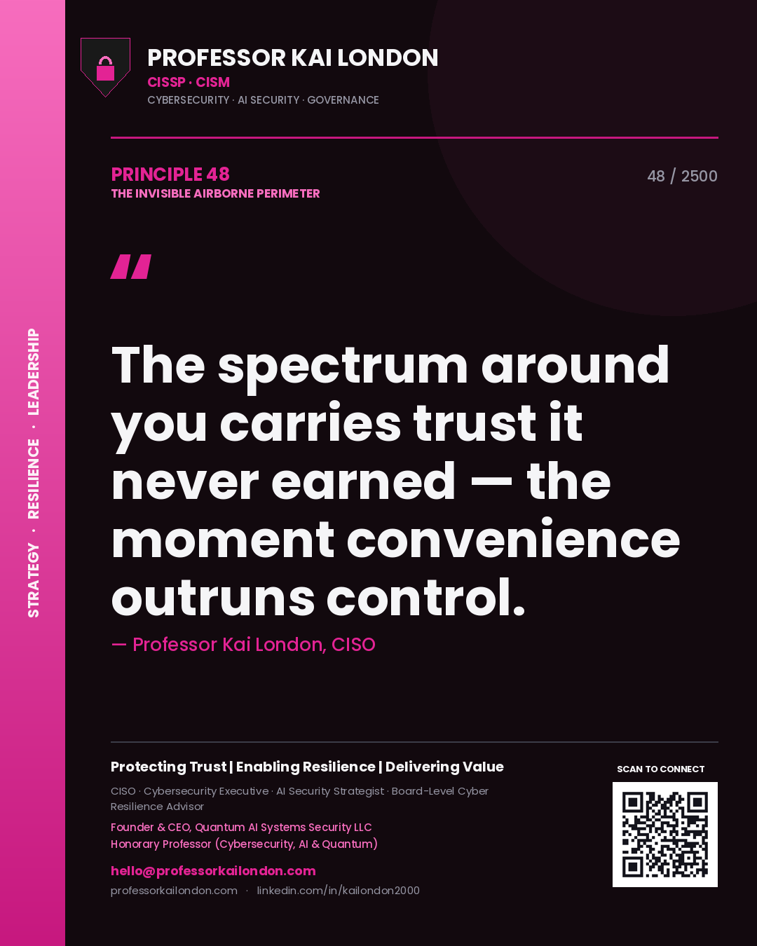 Professor Kai London principle 48: The spectrum around you carries trust it never earned — the moment convenience outruns control.