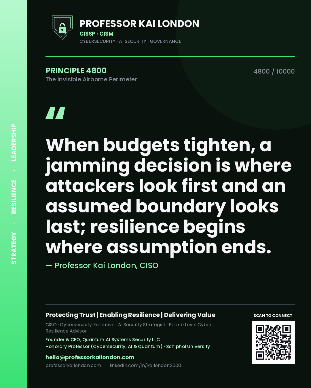 Professor Kai London principle 4800: When budgets tighten, a jamming decision is where attackers look first and an assumed boundary looks last; resilience begins where assumption ends.