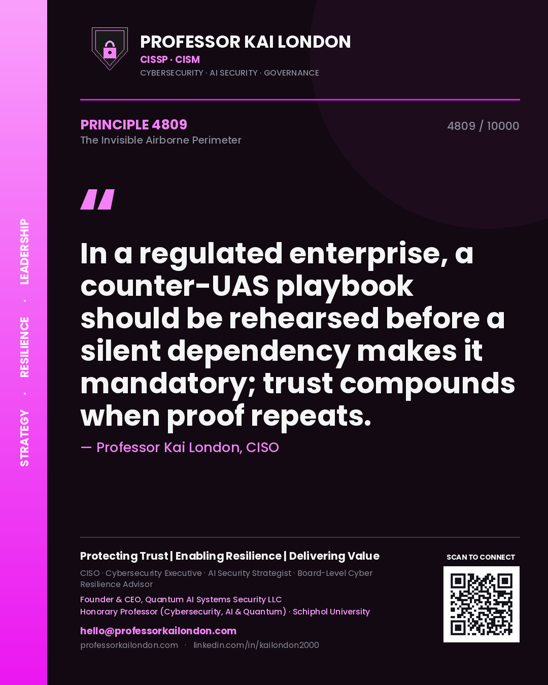 Professor Kai London principle 4809: In a regulated enterprise, a counter-UAS playbook should be rehearsed before a silent dependency makes it mandatory; trust compounds when proof repeats.