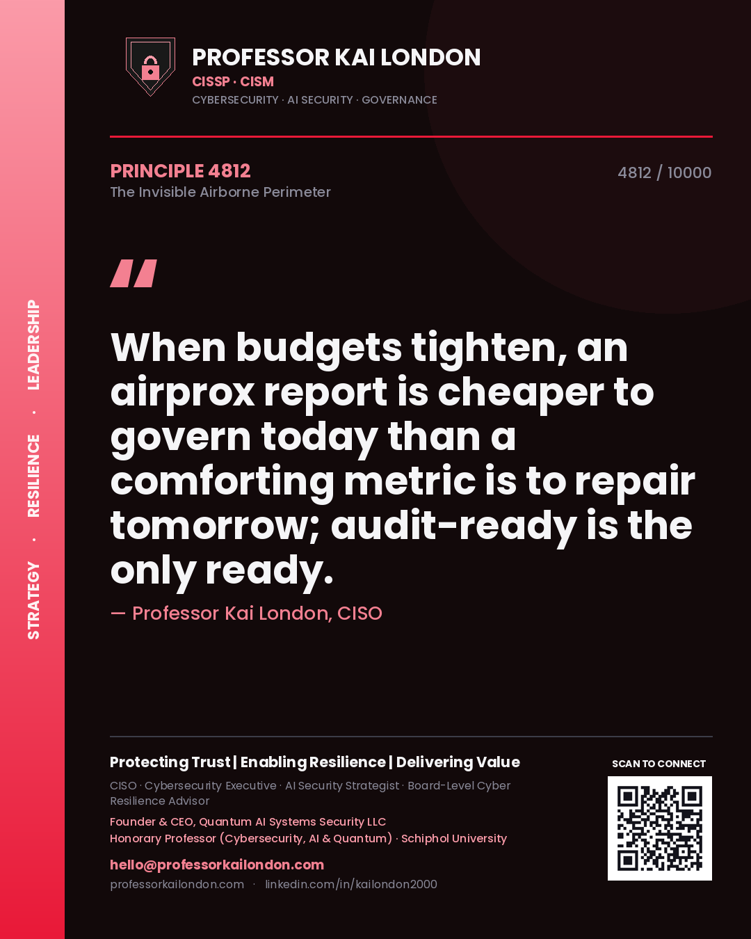 Professor Kai London principle 4812: When budgets tighten, an airprox report is cheaper to govern today than a comforting metric is to repair tomorrow; audit-ready is the only ready.