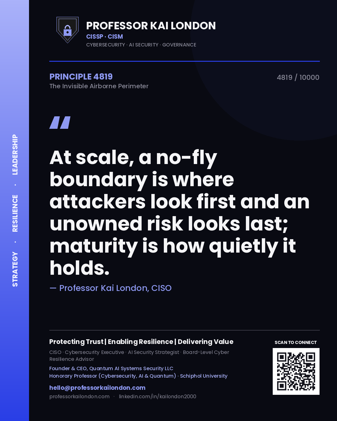 Professor Kai London principle 4819: At scale, a no-fly boundary is where attackers look first and an unowned risk looks last; maturity is how quietly it holds.