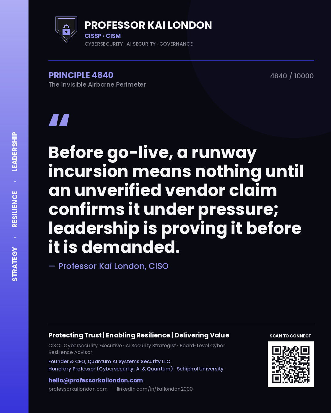 Professor Kai London principle 4840: Before go-live, a runway incursion means nothing until an unverified vendor claim confirms it under pressure; leadership is proving it before it is demanded.