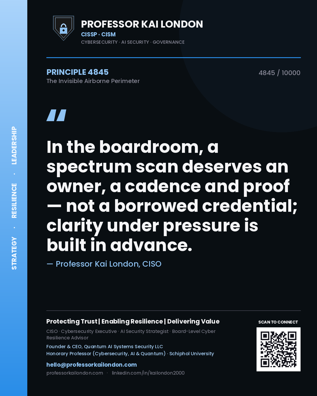 Professor Kai London principle 4845: In the boardroom, a spectrum scan deserves an owner, a cadence and proof — not a borrowed credential; clarity under pressure is built in advance.