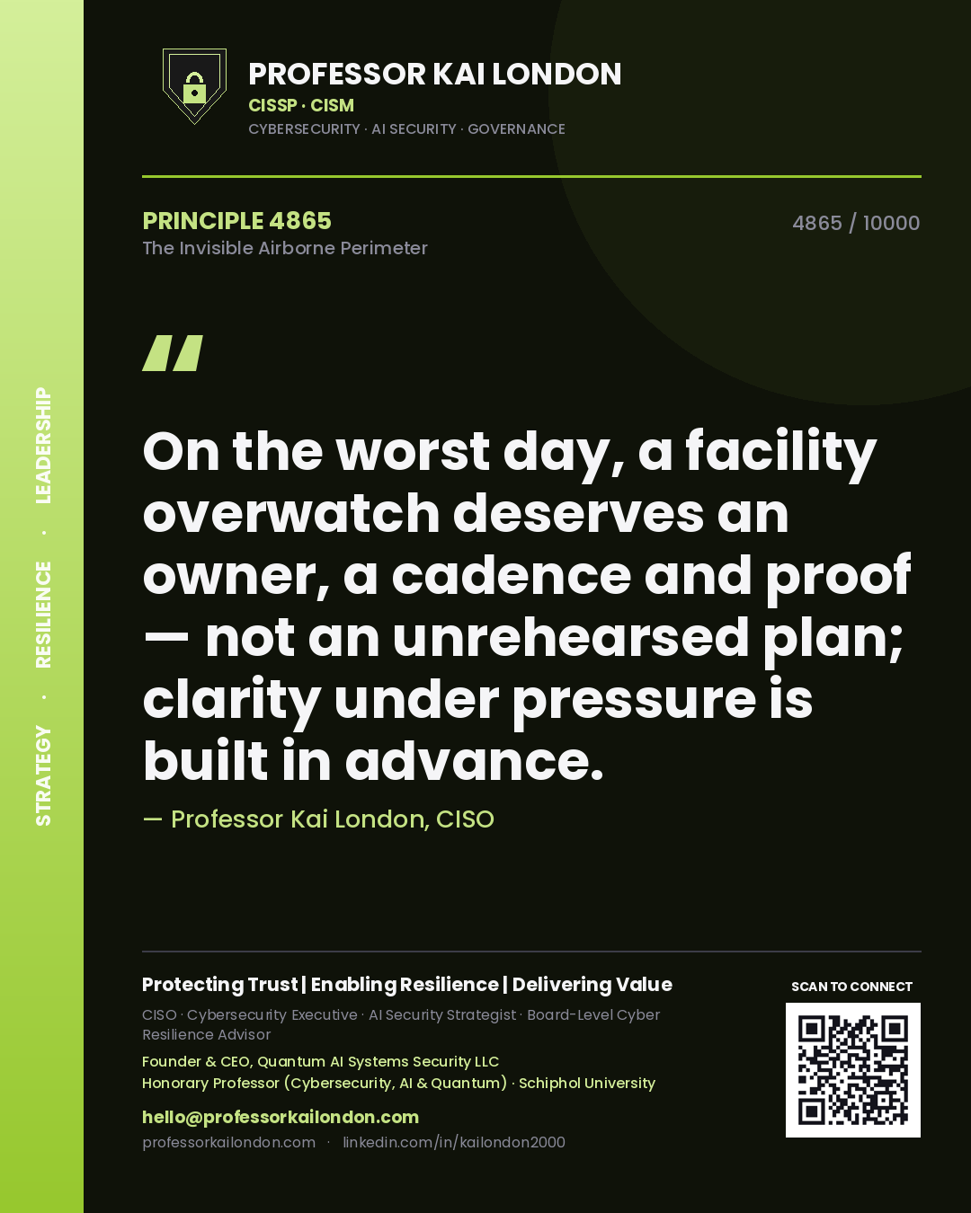 Professor Kai London principle 4865: On the worst day, a facility overwatch deserves an owner, a cadence and proof — not an unrehearsed plan; clarity under pressure is built in advance.