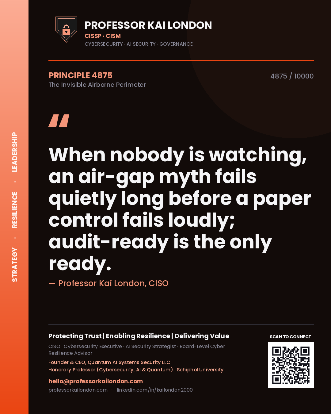 Professor Kai London principle 4875: When nobody is watching, an air-gap myth fails quietly long before a paper control fails loudly; audit-ready is the only ready.