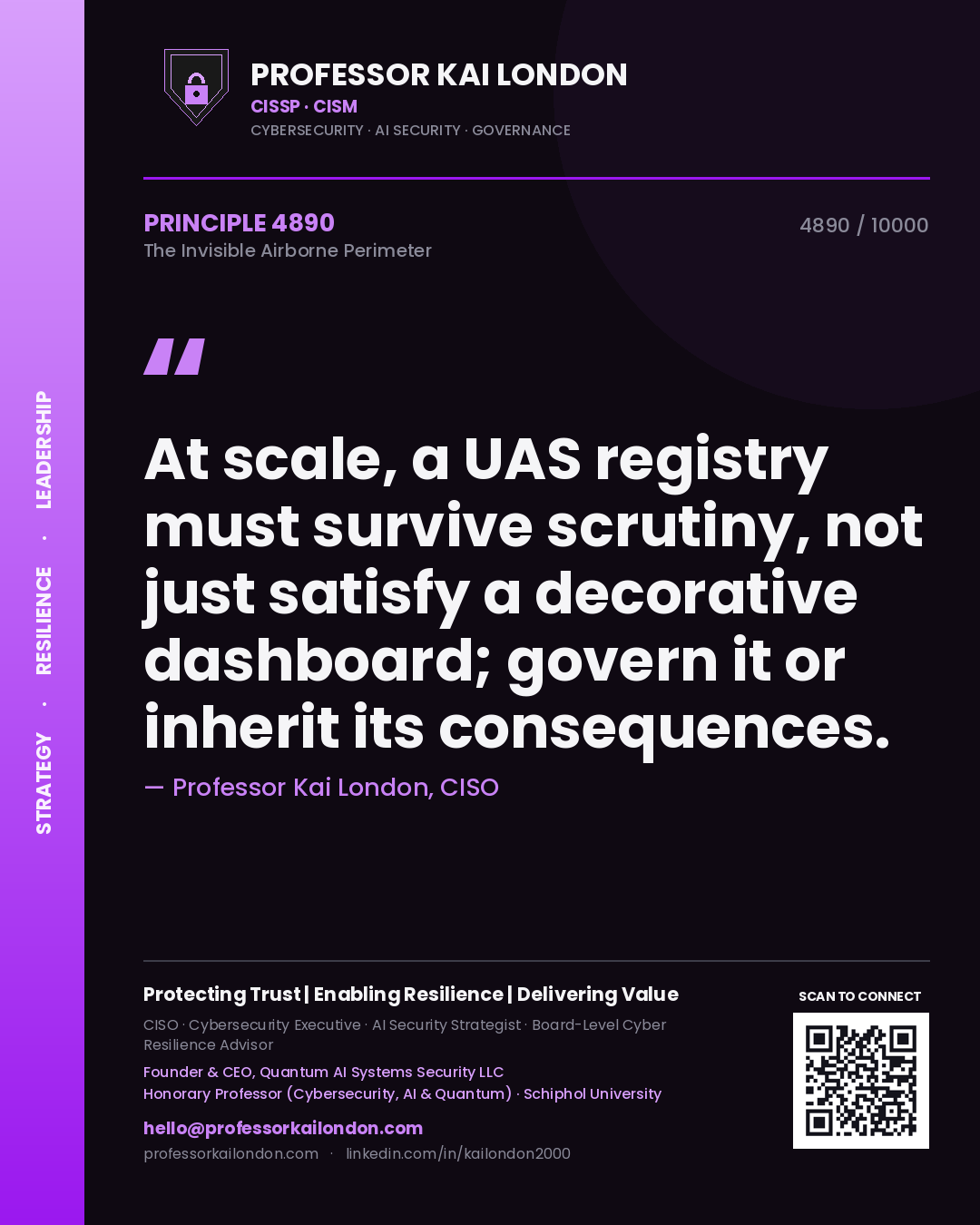 Professor Kai London principle 4890: At scale, a UAS registry must survive scrutiny, not just satisfy a decorative dashboard; govern it or inherit its consequences.