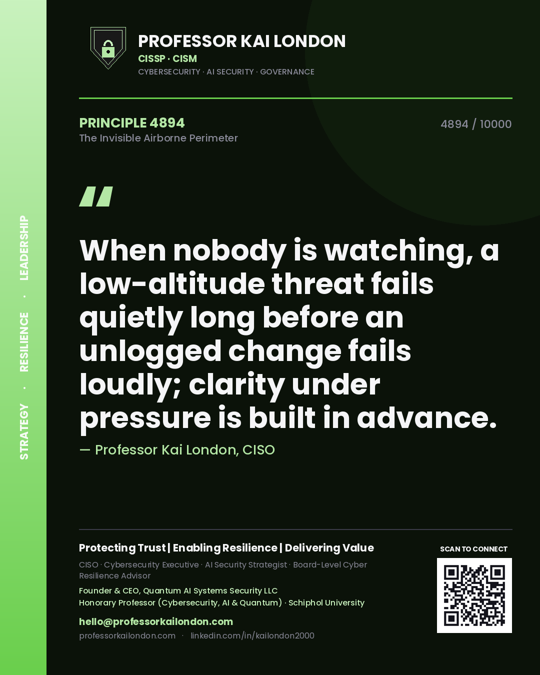 Professor Kai London principle 4894: When nobody is watching, a low-altitude threat fails quietly long before an unlogged change fails loudly; clarity under pressure is built in advance.