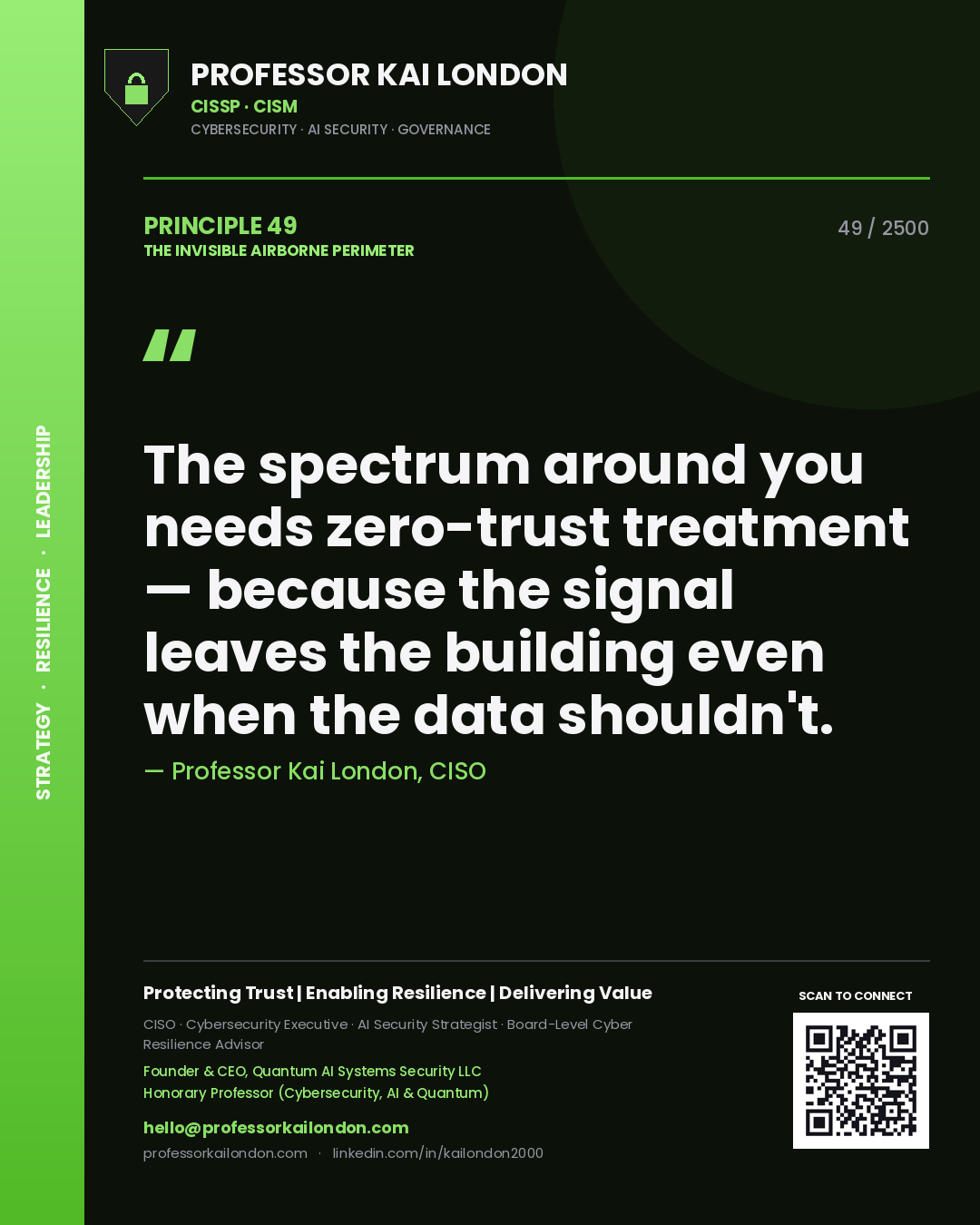 Professor Kai London principle 49: The spectrum around you needs zero-trust treatment — because the signal leaves the building even when the data shouldn't.