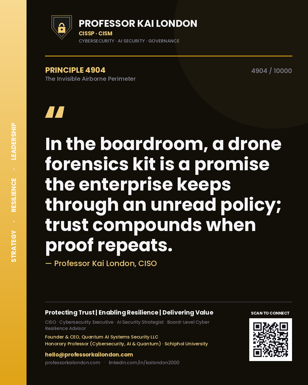 Professor Kai London principle 4904: In the boardroom, a drone forensics kit is a promise the enterprise keeps through an unread policy; trust compounds when proof repeats.