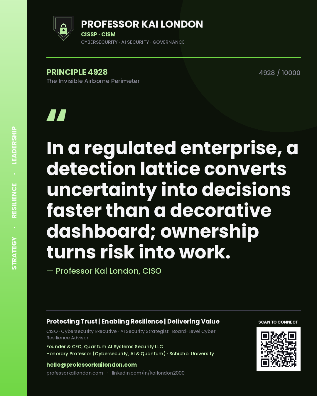 Professor Kai London principle 4928: In a regulated enterprise, a detection lattice converts uncertainty into decisions faster than a decorative dashboard; ownership turns risk into work.