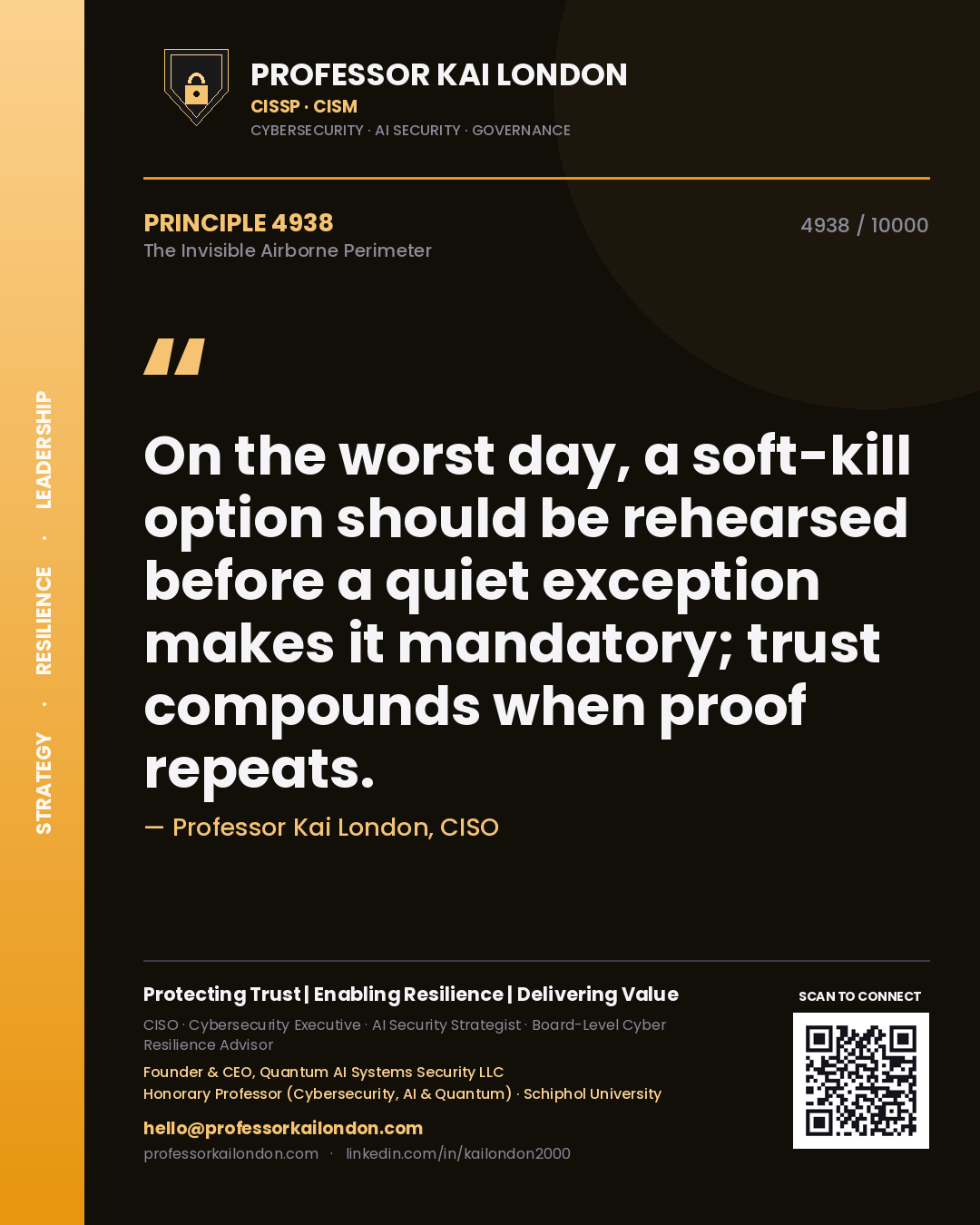 Professor Kai London principle 4938: On the worst day, a soft-kill option should be rehearsed before a quiet exception makes it mandatory; trust compounds when proof repeats.
