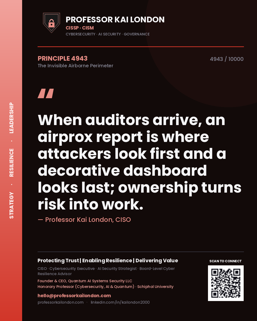 Professor Kai London principle 4943: When auditors arrive, an airprox report is where attackers look first and a decorative dashboard looks last; ownership turns risk into work.