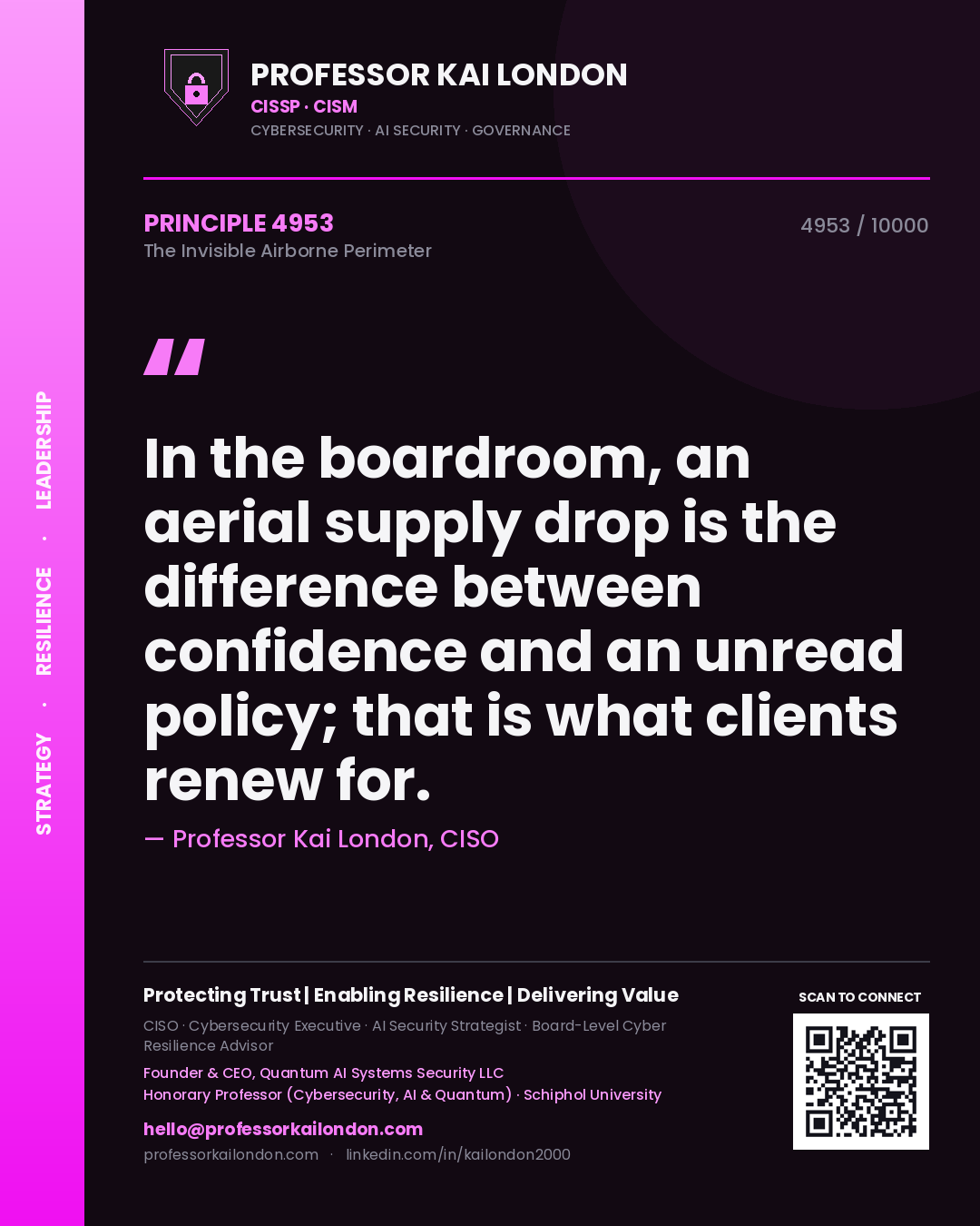 Professor Kai London principle 4953: In the boardroom, an aerial supply drop is the difference between confidence and an unread policy; that is what clients renew for.