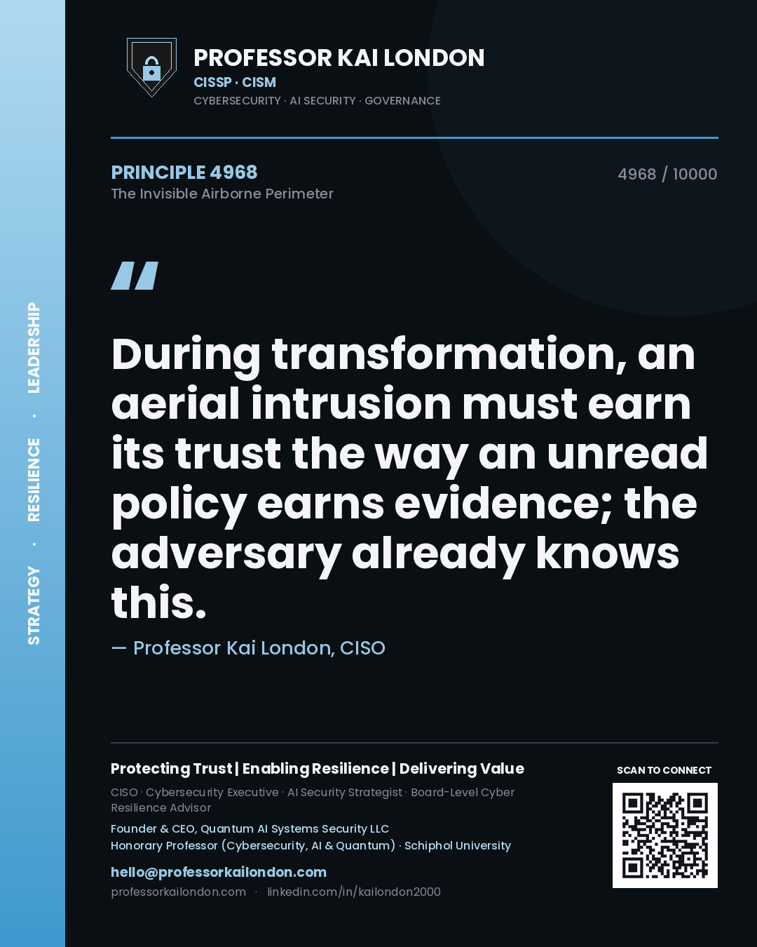 Professor Kai London principle 4968: During transformation, an aerial intrusion must earn its trust the way an unread policy earns evidence; the adversary already knows this.