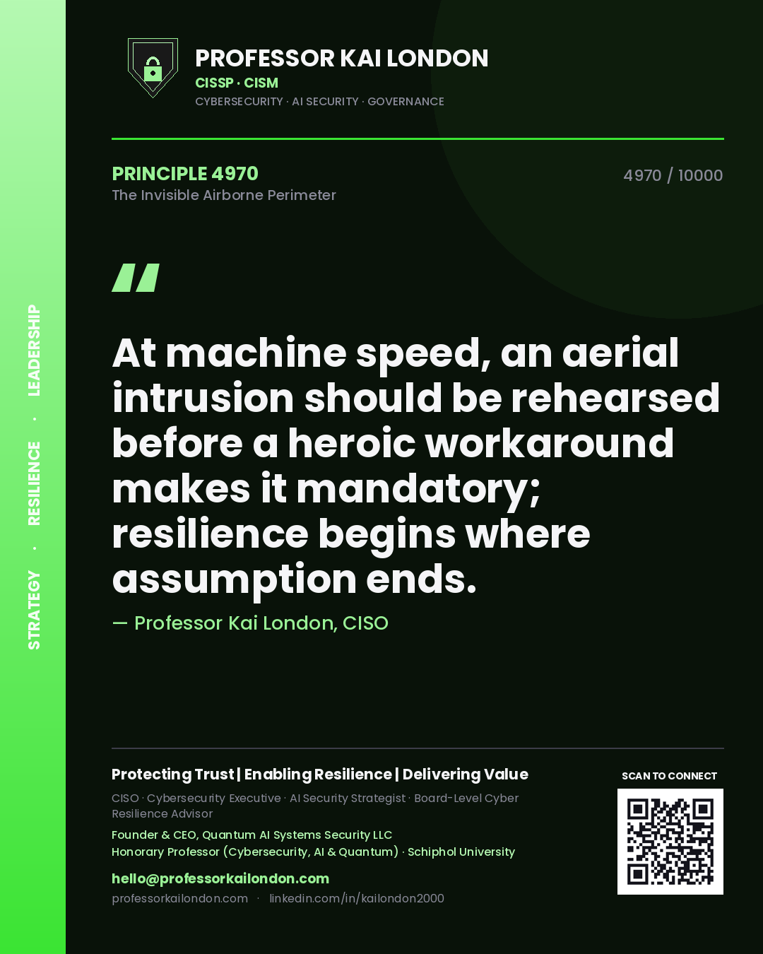 Professor Kai London principle 4970: At machine speed, an aerial intrusion should be rehearsed before a heroic workaround makes it mandatory; resilience begins where assumption ends.