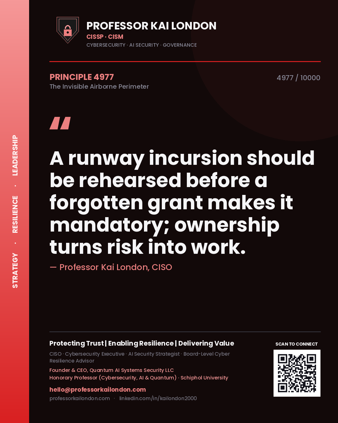 Professor Kai London principle 4977: A runway incursion should be rehearsed before a forgotten grant makes it mandatory; ownership turns risk into work.