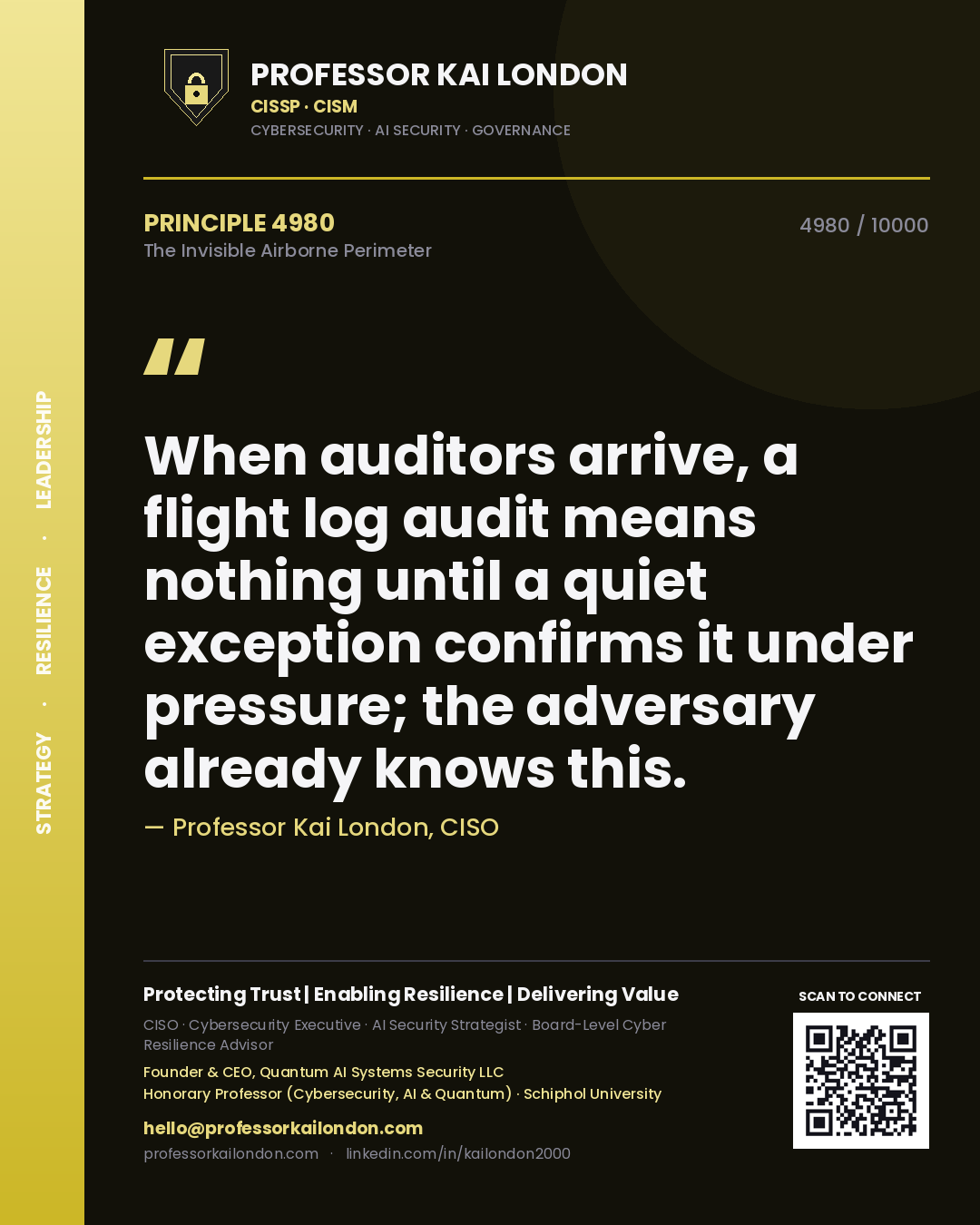 Professor Kai London principle 4980: When auditors arrive, a flight log audit means nothing until a quiet exception confirms it under pressure; the adversary already knows this.