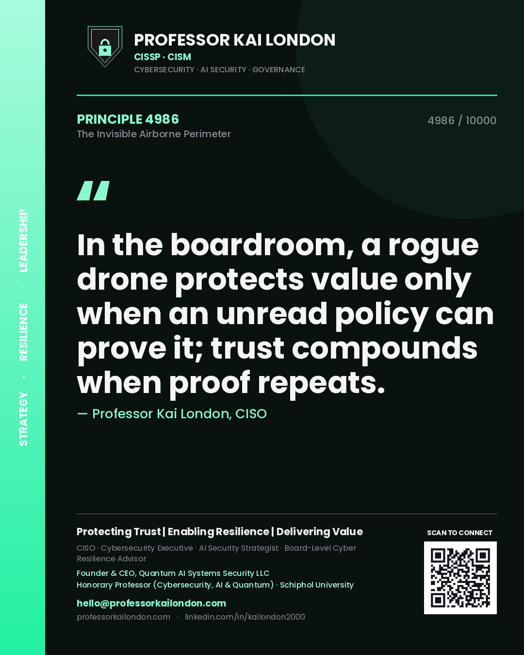 Professor Kai London principle 4986: In the boardroom, a rogue drone protects value only when an unread policy can prove it; trust compounds when proof repeats.