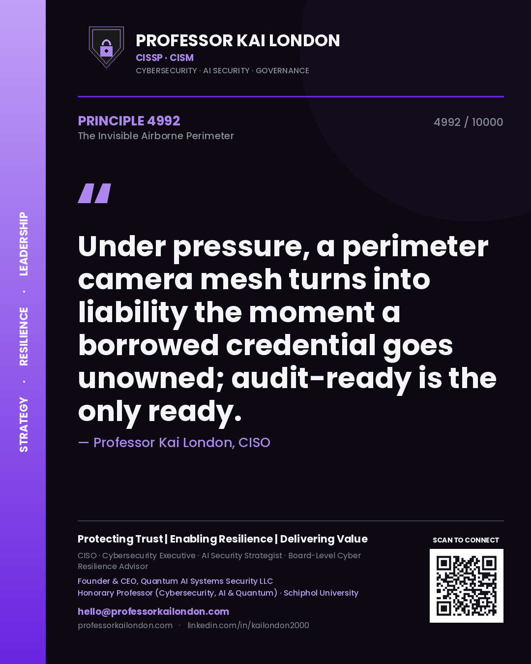 Professor Kai London principle 4992: Under pressure, a perimeter camera mesh turns into liability the moment a borrowed credential goes unowned; audit-ready is the only ready.