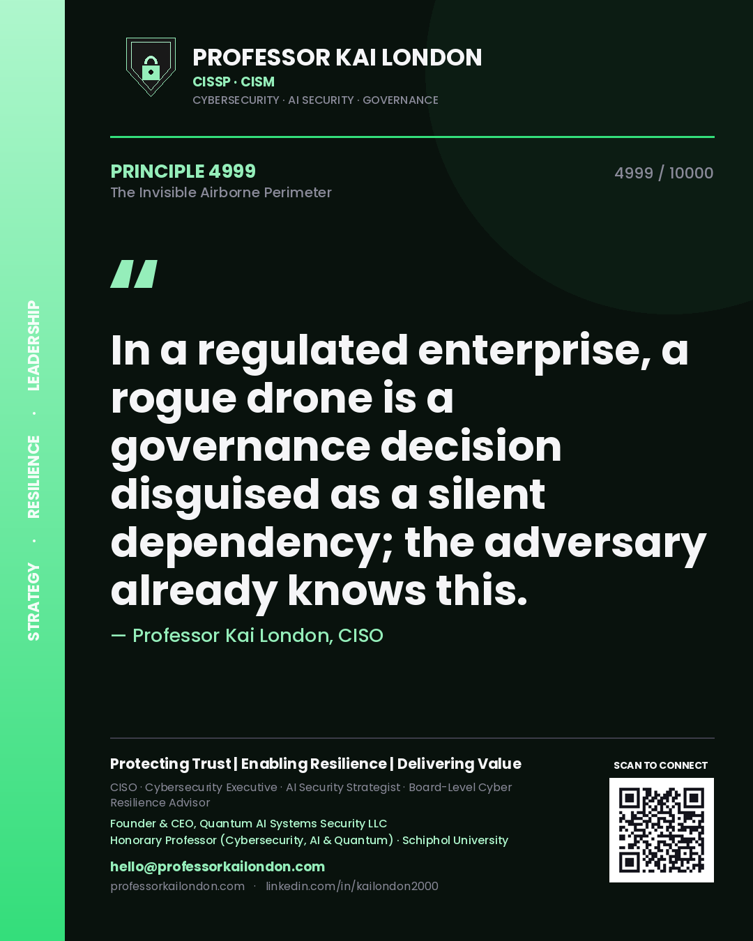 Professor Kai London principle 4999: In a regulated enterprise, a rogue drone is a governance decision disguised as a silent dependency; the adversary already knows this.