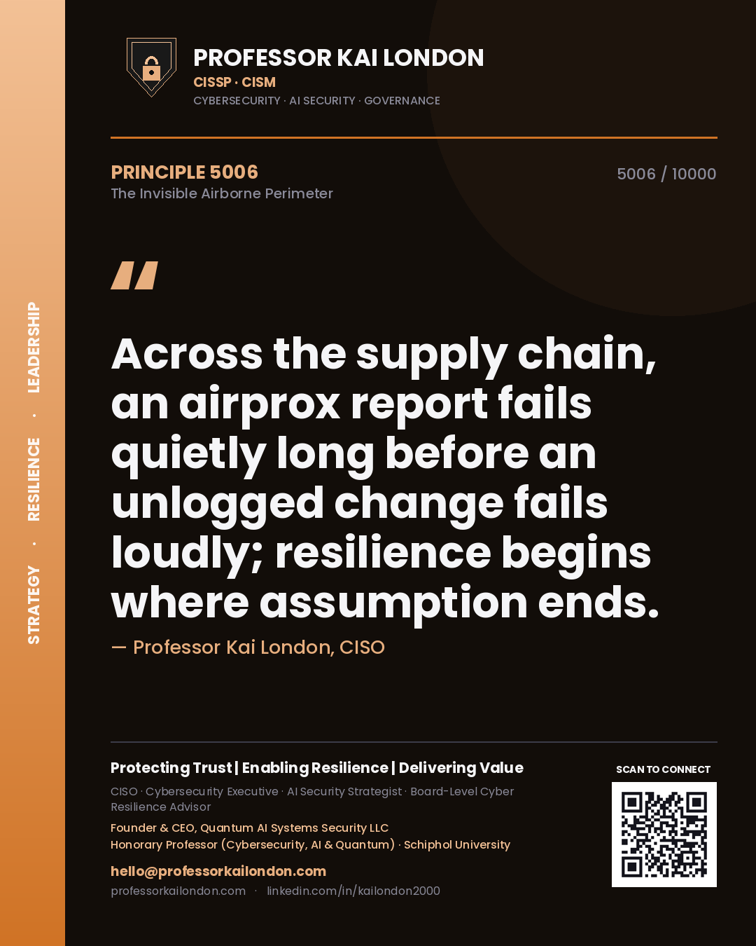 Professor Kai London principle 5006: Across the supply chain, an airprox report fails quietly long before an unlogged change fails loudly; resilience begins where assumption ends.