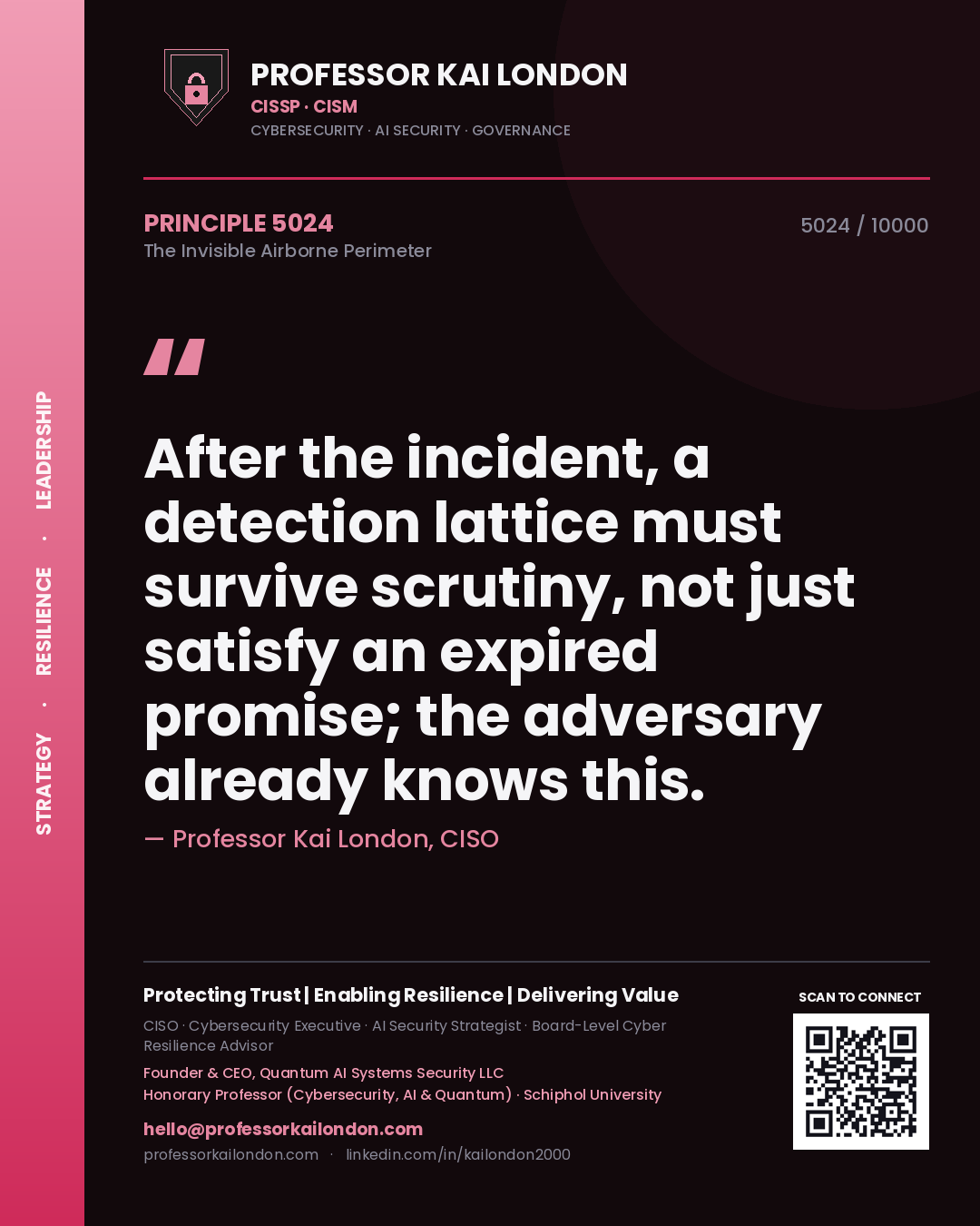 Professor Kai London principle 5024: After the incident, a detection lattice must survive scrutiny, not just satisfy an expired promise; the adversary already knows this.