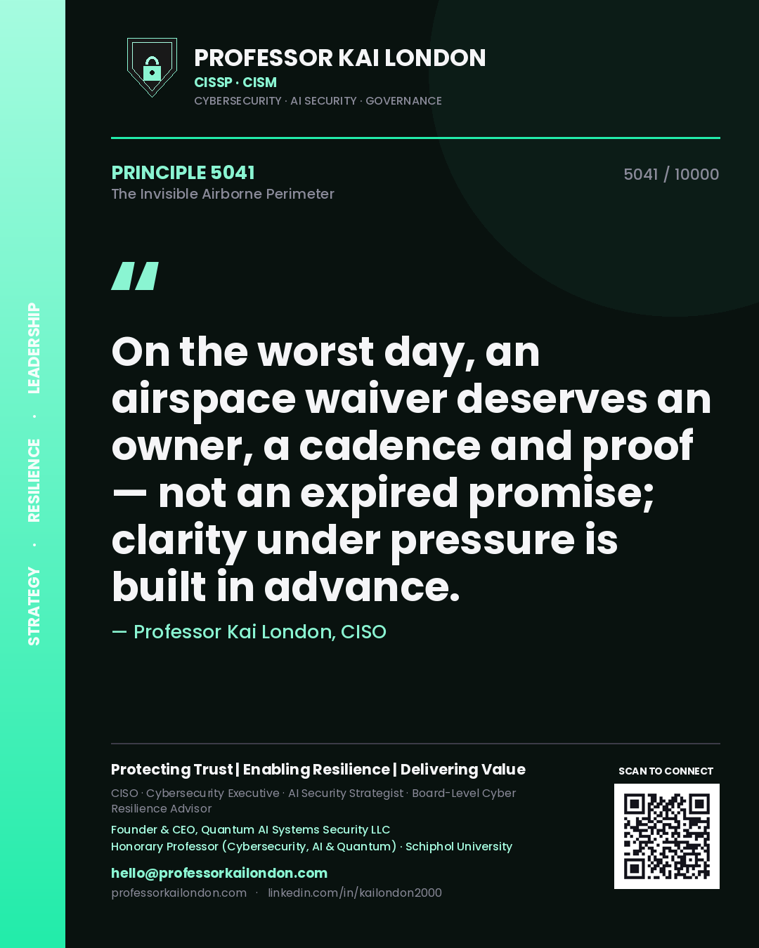 Professor Kai London principle 5041: On the worst day, an airspace waiver deserves an owner, a cadence and proof — not an expired promise; clarity under pressure is built in advance.