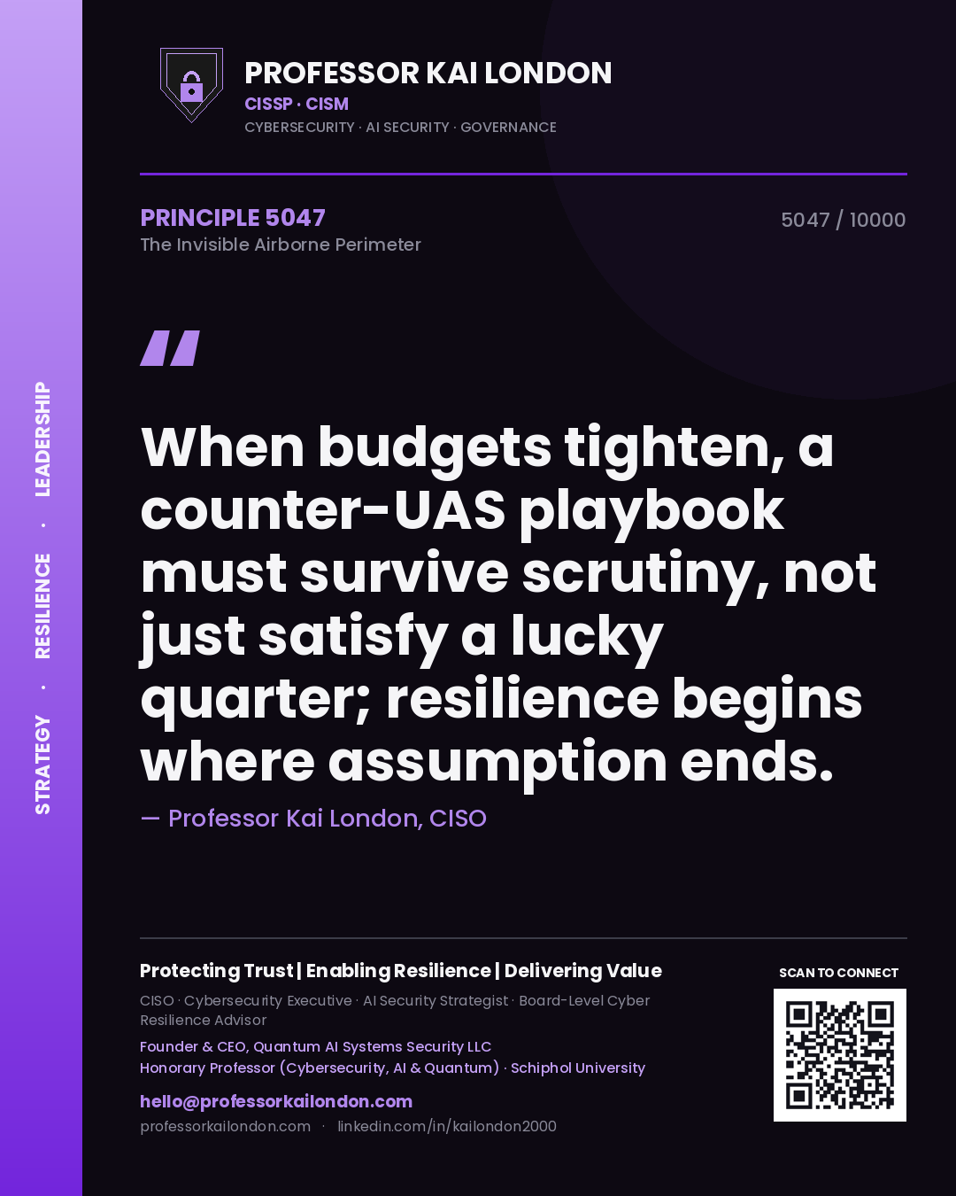 Professor Kai London principle 5047: When budgets tighten, a counter-UAS playbook must survive scrutiny, not just satisfy a lucky quarter; resilience begins where assumption ends.