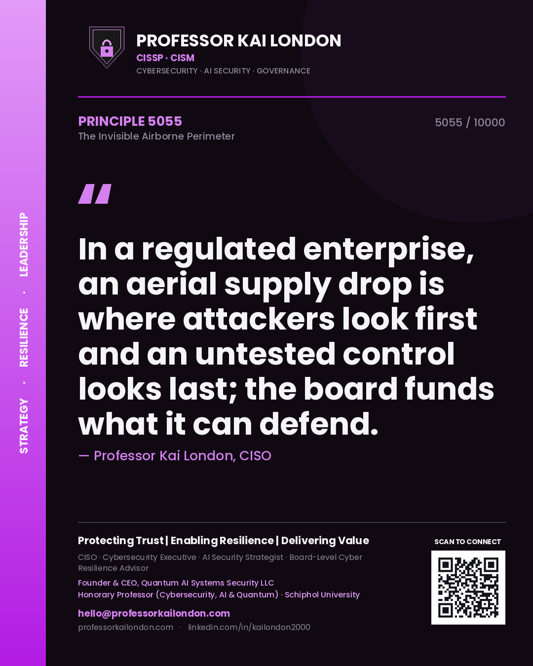 Professor Kai London principle 5055: In a regulated enterprise, an aerial supply drop is where attackers look first and an untested control looks last; the board funds what it can defend.