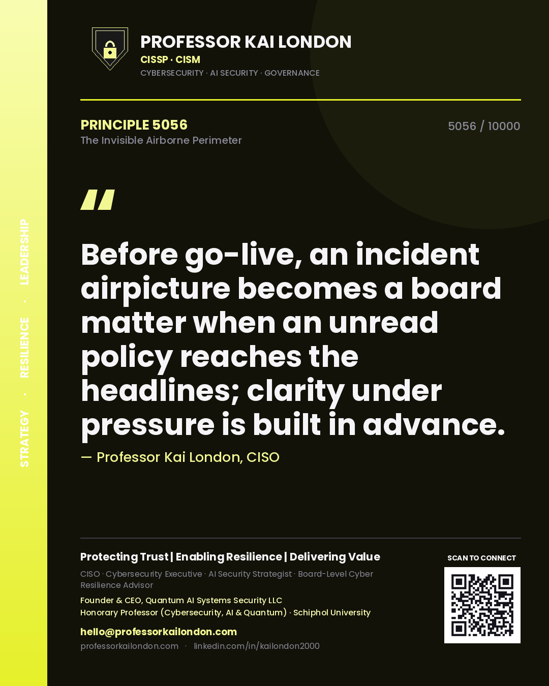 Professor Kai London principle 5056: Before go-live, an incident airpicture becomes a board matter when an unread policy reaches the headlines; clarity under pressure is built in advance.
