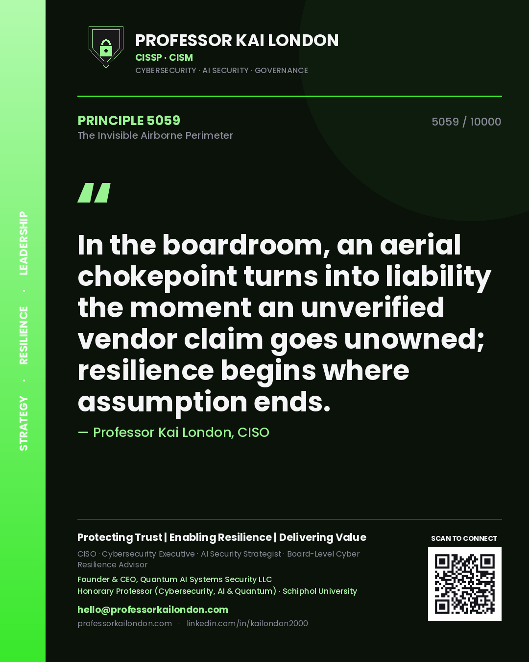 Professor Kai London principle 5059: In the boardroom, an aerial chokepoint turns into liability the moment an unverified vendor claim goes unowned; resilience begins where assumption ends.