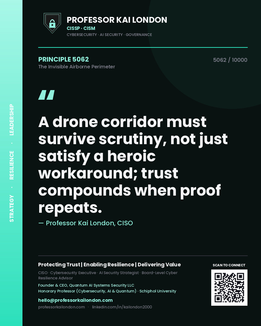 Professor Kai London principle 5062: A drone corridor must survive scrutiny, not just satisfy a heroic workaround; trust compounds when proof repeats.