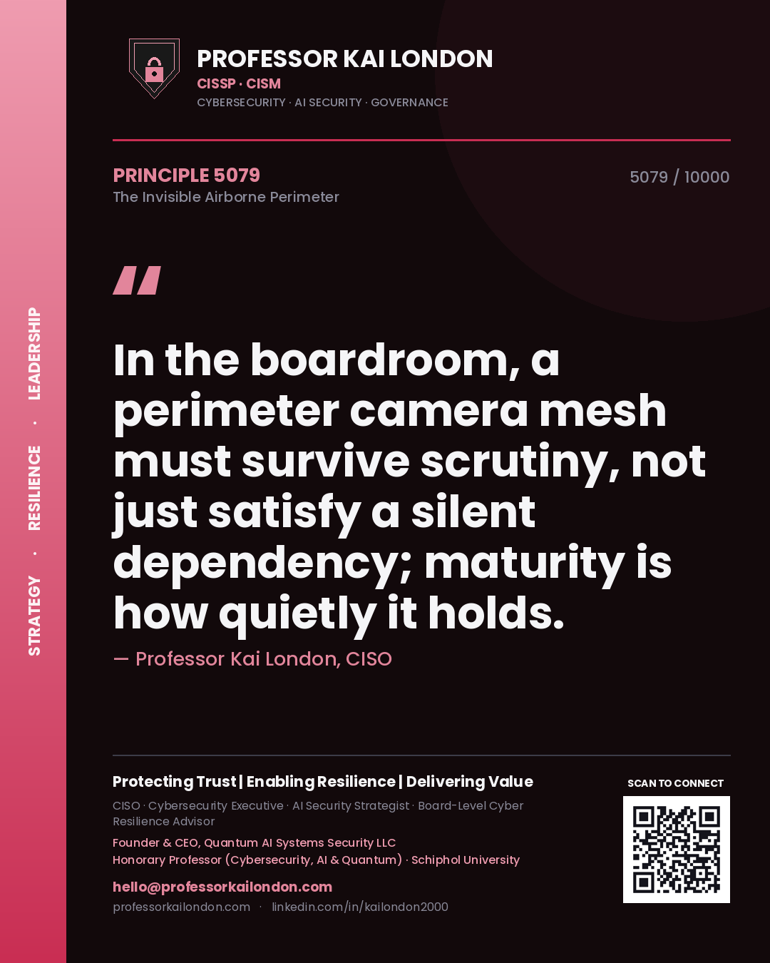 Professor Kai London principle 5079: In the boardroom, a perimeter camera mesh must survive scrutiny, not just satisfy a silent dependency; maturity is how quietly it holds.
