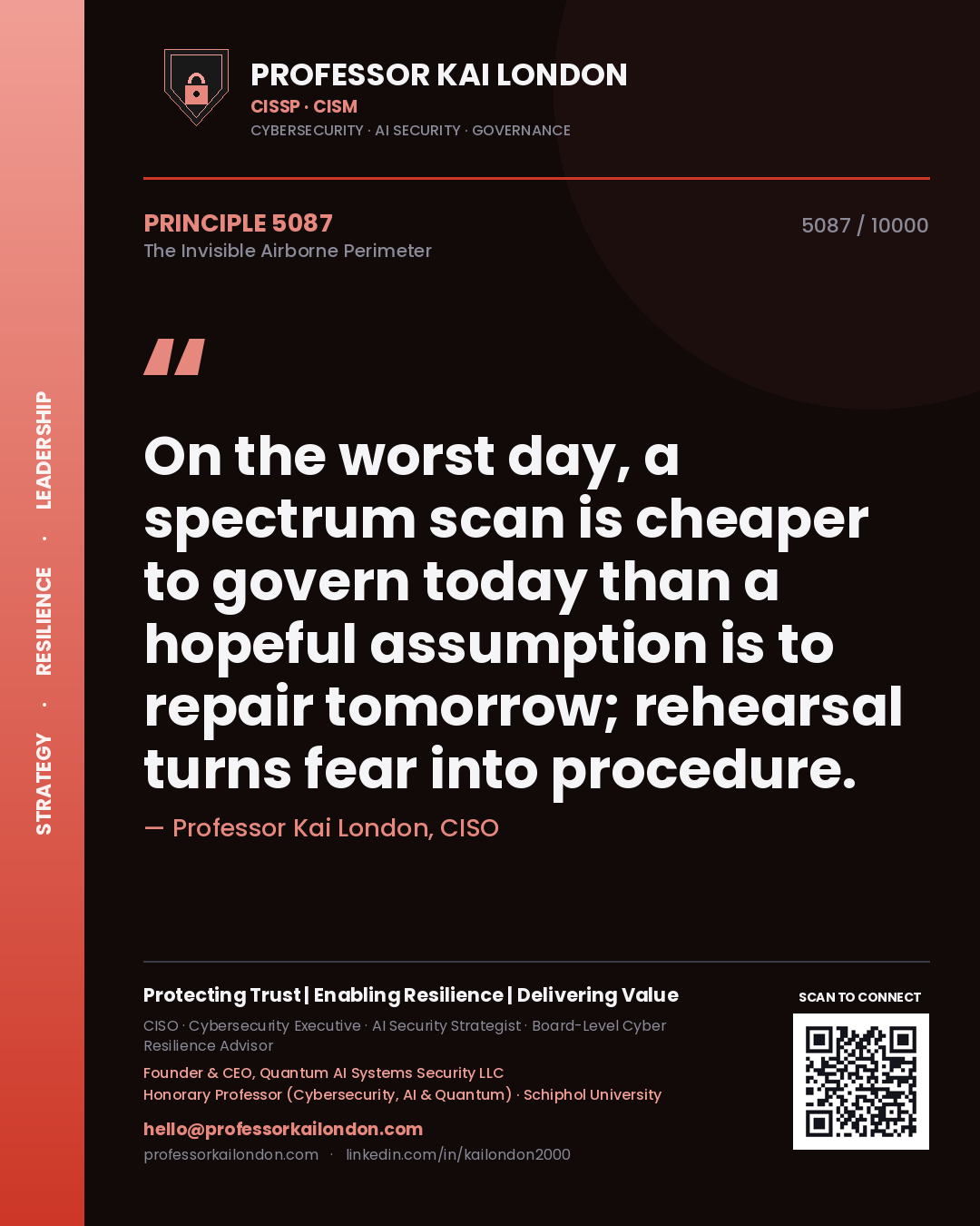 Professor Kai London principle 5087: On the worst day, a spectrum scan is cheaper to govern today than a hopeful assumption is to repair tomorrow; rehearsal turns fear into procedure.