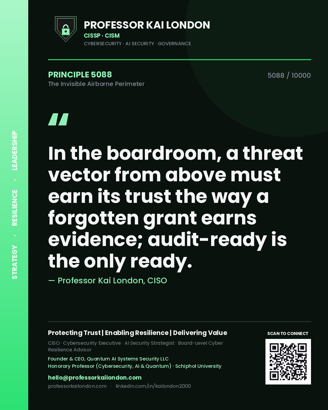 Professor Kai London principle 5088: In the boardroom, a threat vector from above must earn its trust the way a forgotten grant earns evidence; audit-ready is the only ready.