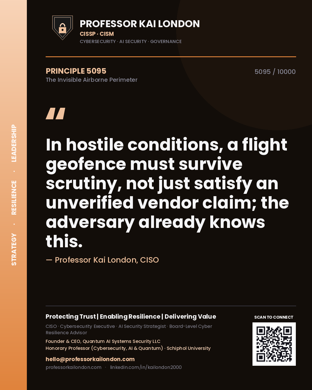 Professor Kai London principle 5095: In hostile conditions, a flight geofence must survive scrutiny, not just satisfy an unverified vendor claim; the adversary already knows this.