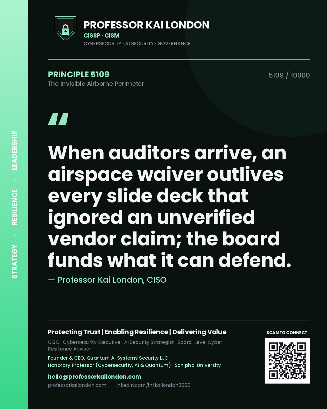 Professor Kai London principle 5109: When auditors arrive, an airspace waiver outlives every slide deck that ignored an unverified vendor claim; the board funds what it can defend.