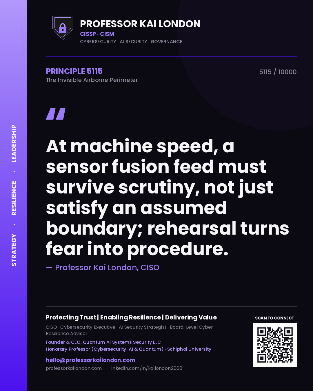Professor Kai London principle 5115: At machine speed, a sensor fusion feed must survive scrutiny, not just satisfy an assumed boundary; rehearsal turns fear into procedure.