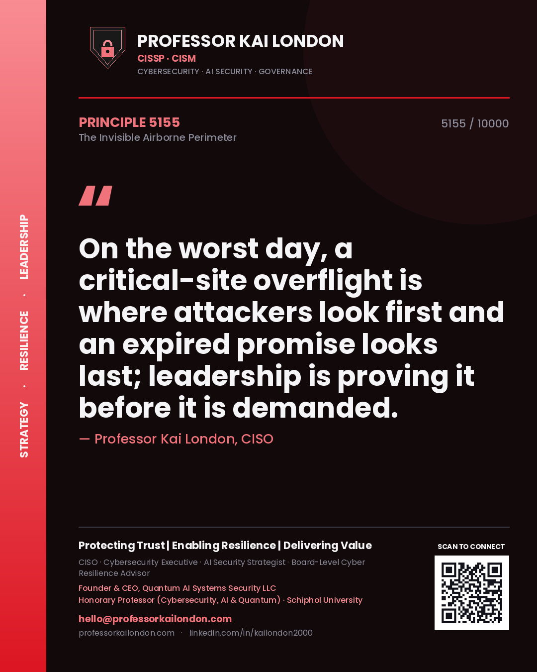 Professor Kai London principle 5155: On the worst day, a critical-site overflight is where attackers look first and an expired promise looks last; leadership is proving it before it is demanded.
